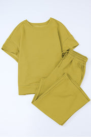 Textured knit tee and wide leg pants set in chartreuse with geometric pattern