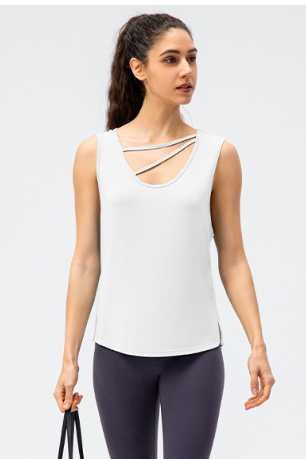 White performance tank top with double strap neckline detail