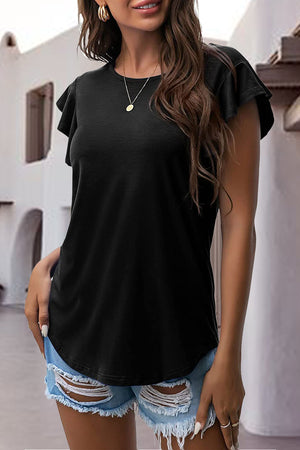 Black ruffled sleeve t-shirt with crew neck and curved hem