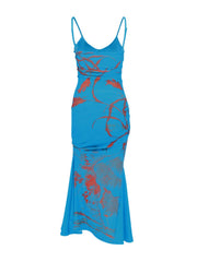 Blue spaghetti strap maxi dress with botanical print and ruched sides