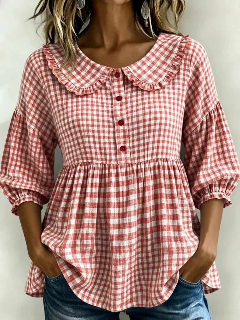 Full Size Gingham Peter Pan Collar Blouse Plus Size, product detail