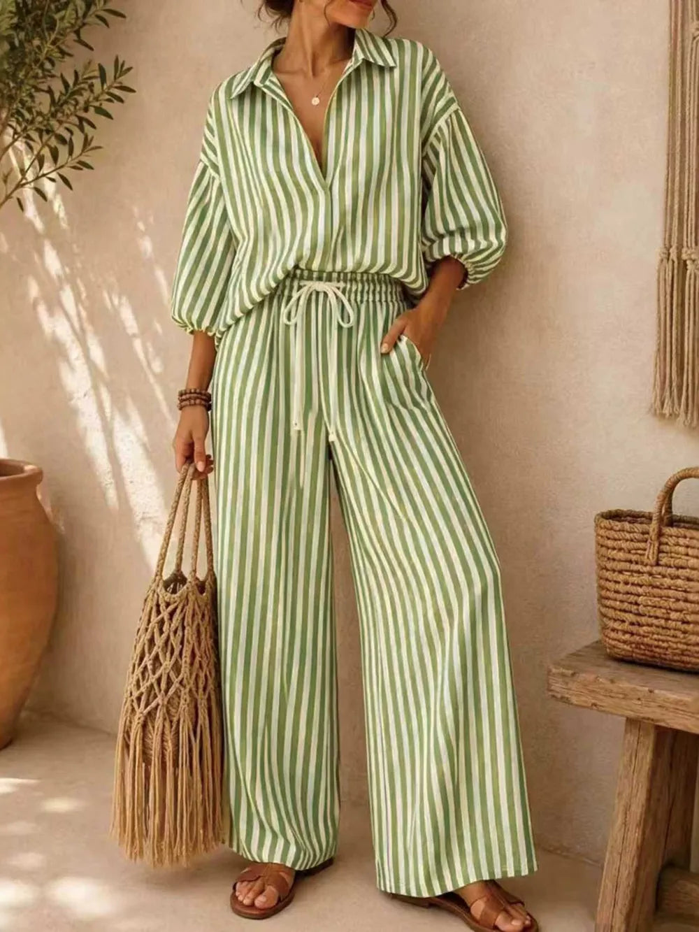Striped Puff Sleeve Shirt And Wide-leg Pants Set in Khaki, view 13