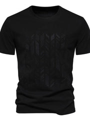 Black embossed geometric t-shirt with a crew neck and short sleeves.