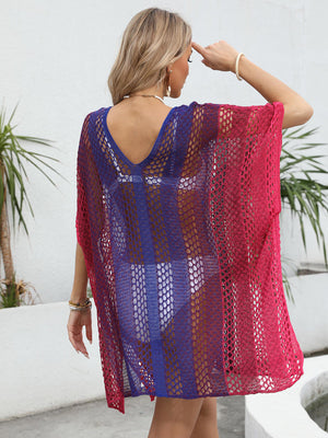 Ombre crochet kaftan cover-up with V-neck and short sleeves in red-violet and blue.