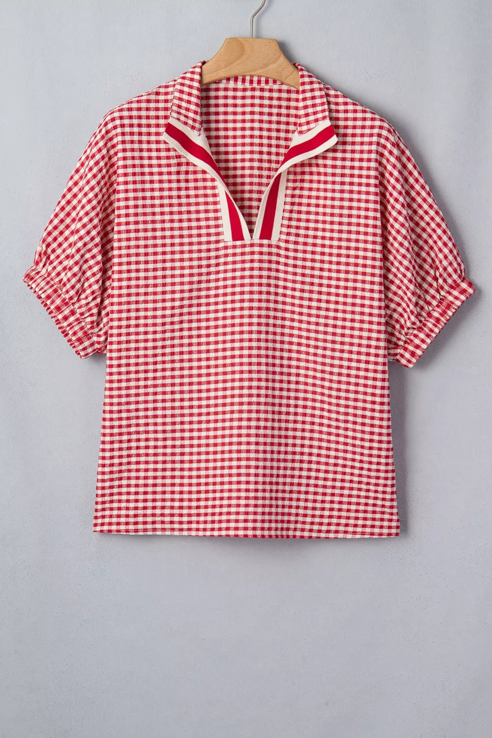 Strawberry gingham checkered half sleeve maternity overshirt with contrast collar detail