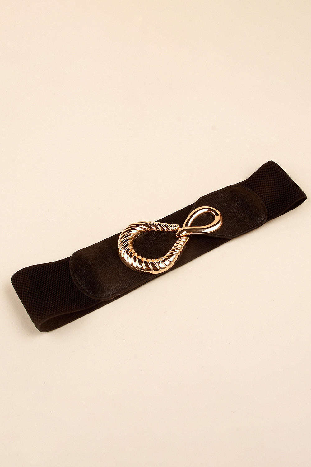 Black elasticated waist belt with a gold sculpted buckle and faux leather detail.