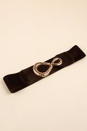 Black elasticated waist belt with a gold sculpted buckle and faux leather detail.