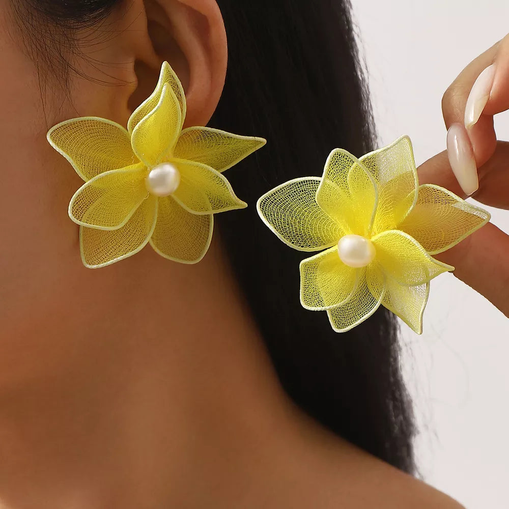Yellow floral pearl stud earrings with sheer mesh petals and alloy backing.