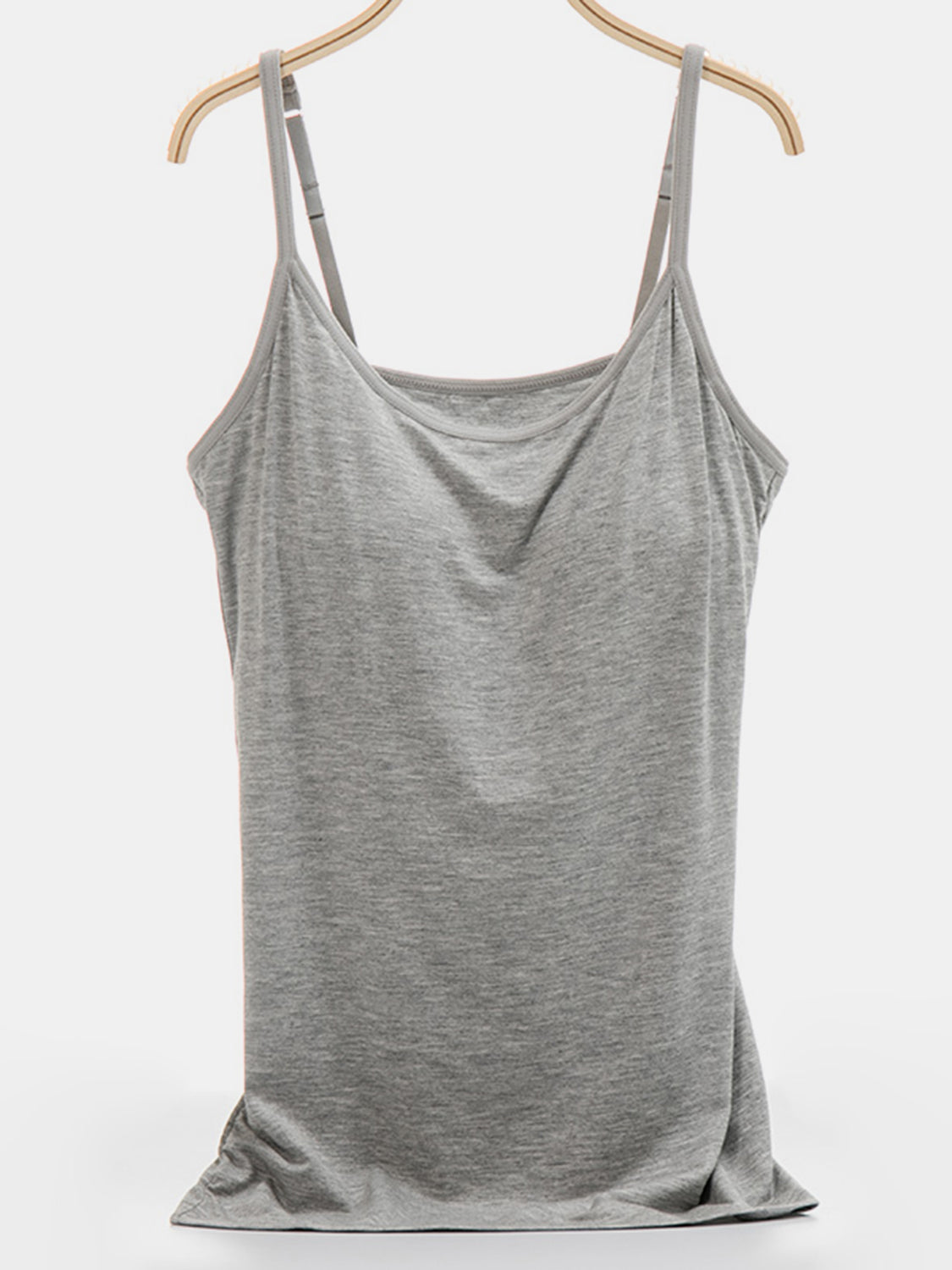 Gray soft-cup cami with adjustable straps and a scoop neckline.