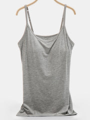 Gray soft-cup cami with adjustable straps and a scoop neckline.