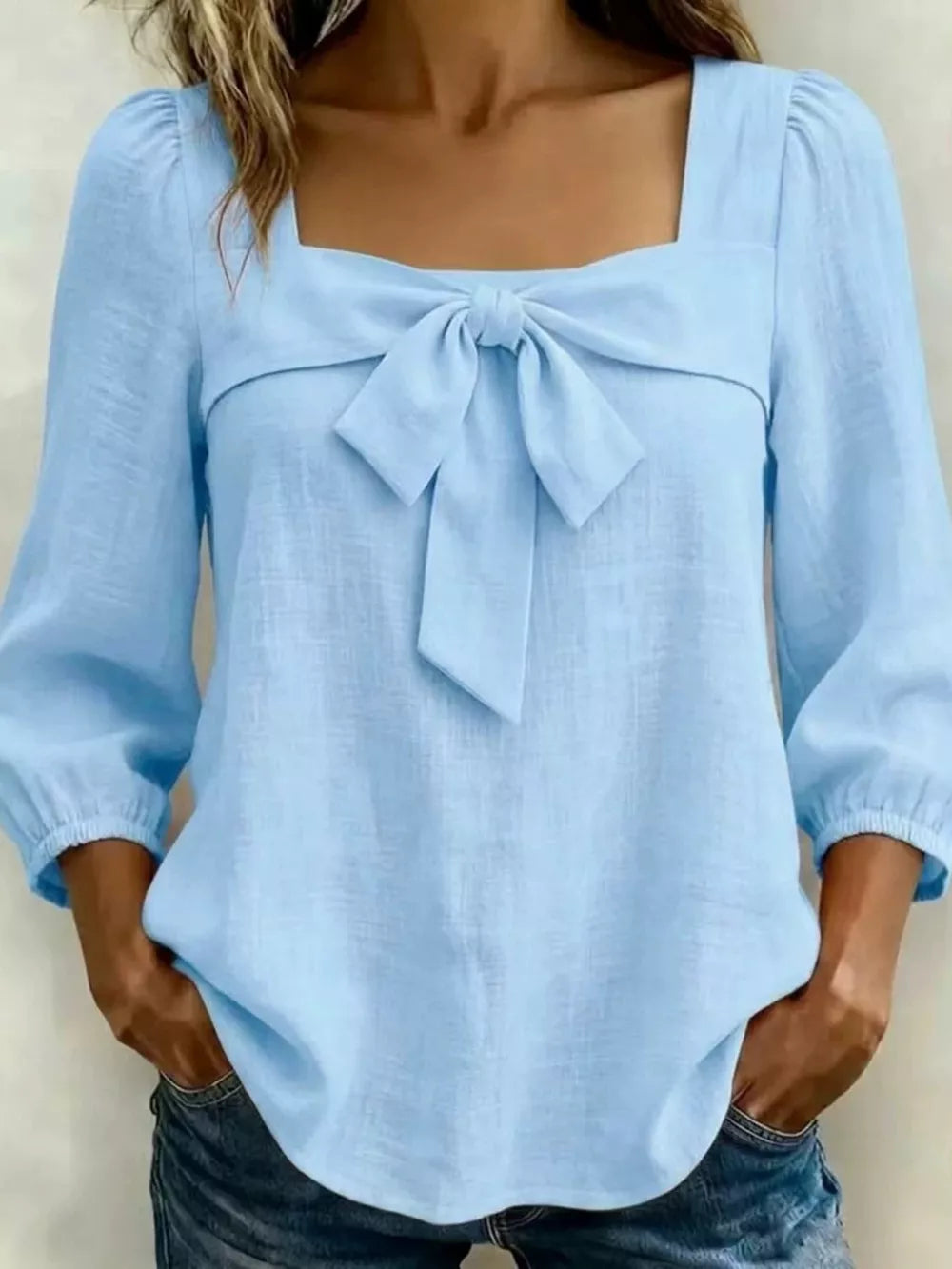 Full Size Bow Front Square Neck Blouse Plus Size, close-up detail