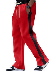 Bright red sweatpants for men with black side stripe and drawstring.