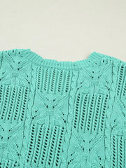 Teal pointelle knit sweater with scalloped trim and openwork pattern.