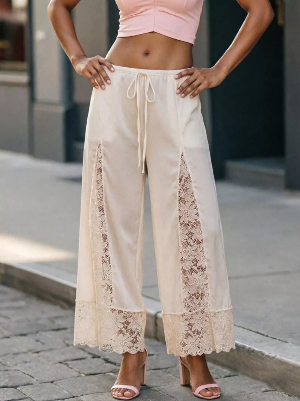 Lace Trim Wide-leg Cropped Pants in White, view 12