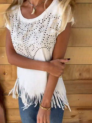 White studded perforated tee with fringe hem and scoop neck.