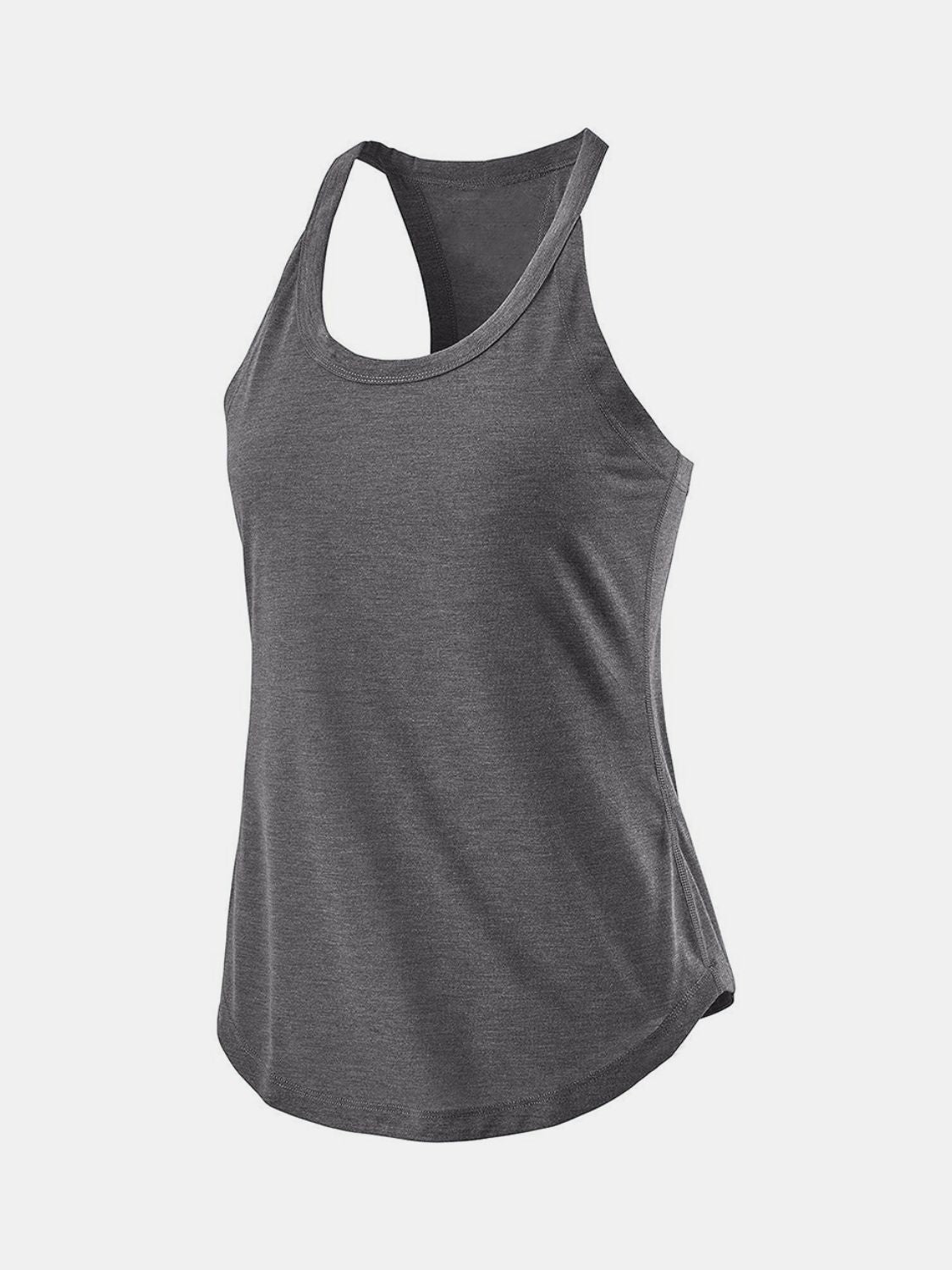 Dark Gray Racerback Performance Tank Top with curved hem