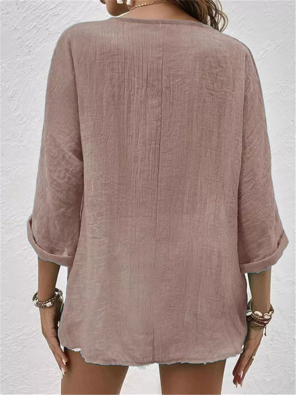 Full Size Casual V-neck Button-down Blouse in Blue, view 11