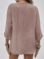 Full Size Casual V-neck Button-down Blouse in Blue, view 11