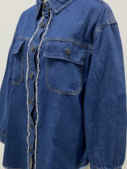 Medium wash denim overshirt with frayed edge detail and buttoned chest pockets.