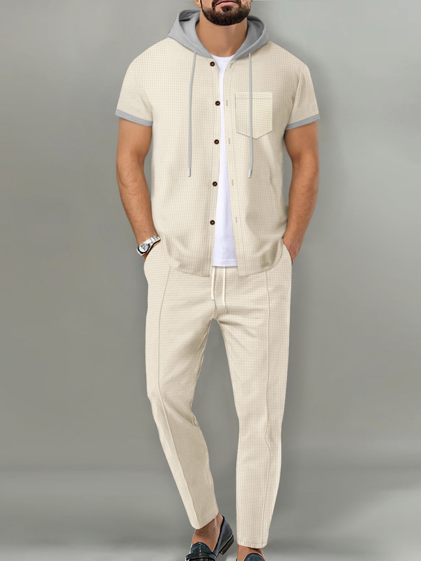 Men's Short-sleeve Hooded Top And Shorts Set, model styling view