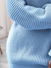 Pastel blue ribbed knit mini dress with off-shoulder neckline and long sleeves.