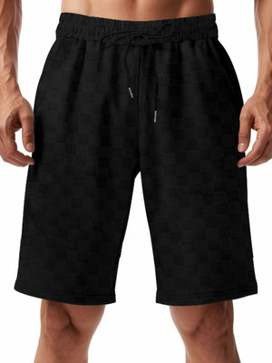 Black checkered chino shorts for men with drawstring waist