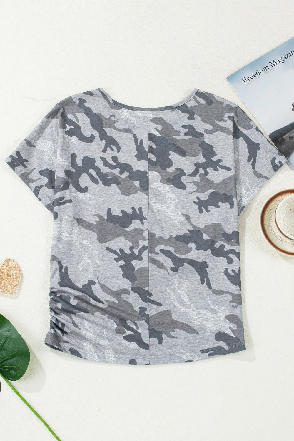 Men's grey camouflage crew neck t-shirt with ruched side detail.