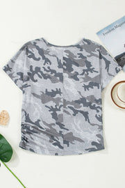 Men's grey camouflage crew neck t-shirt with ruched side detail.