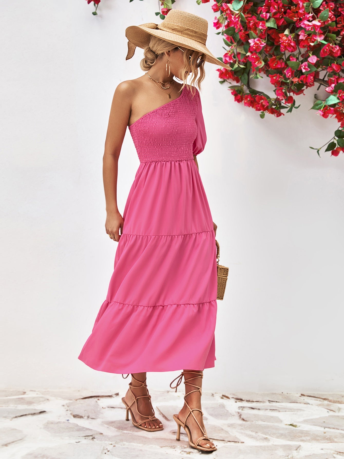 Hot Pink smocked bodice tiered one-shoulder midi dress with puff sleeve