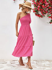 Hot Pink smocked bodice tiered one-shoulder midi dress with puff sleeve