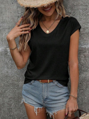 Black cap sleeve slouchy v-neck tee with a relaxed fit.
