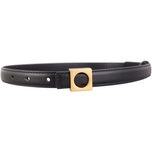 Black skinny cowhide leather belt with gold square buckle