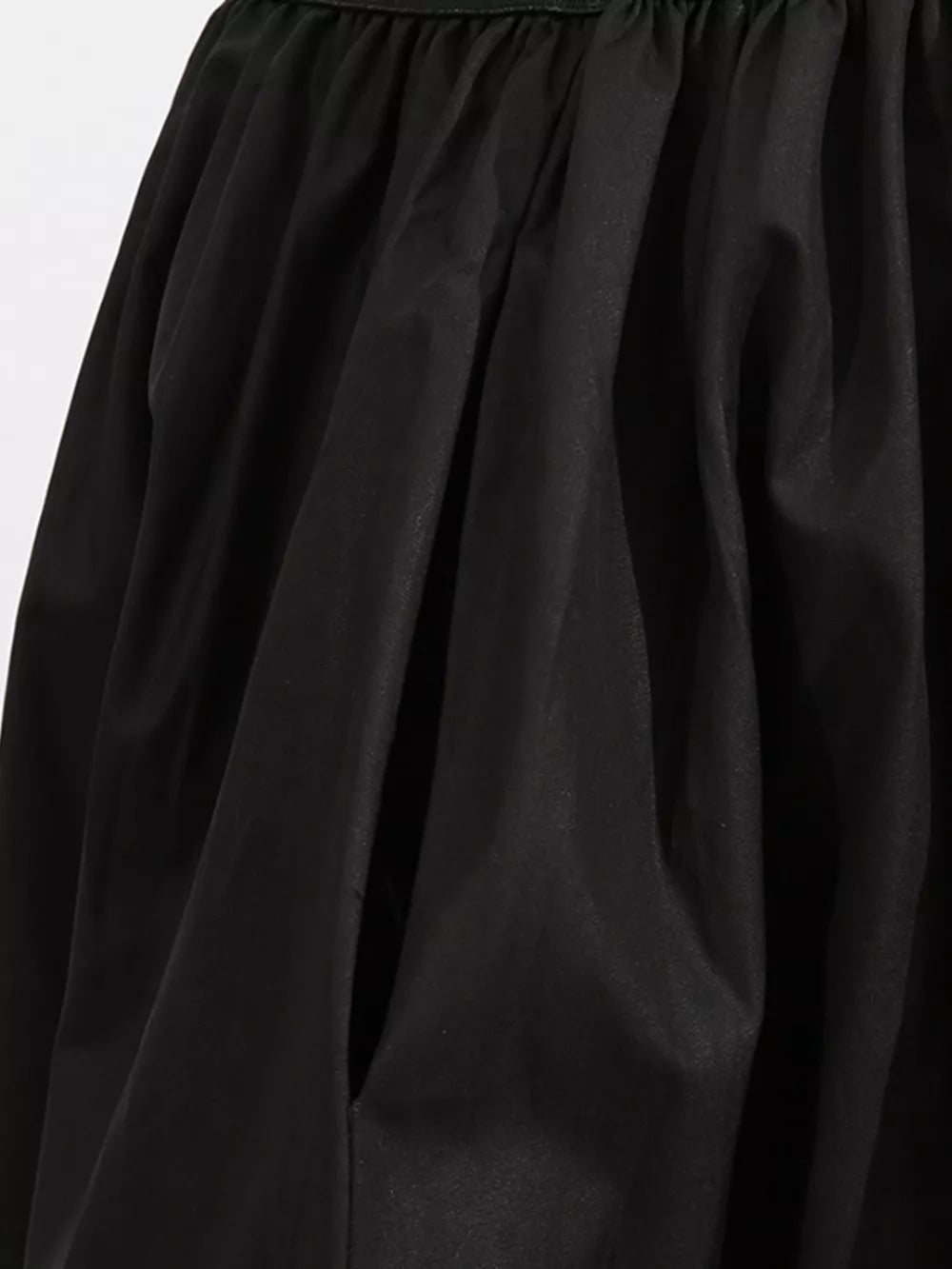Black midi dress with pockets and gathered fabric detail
