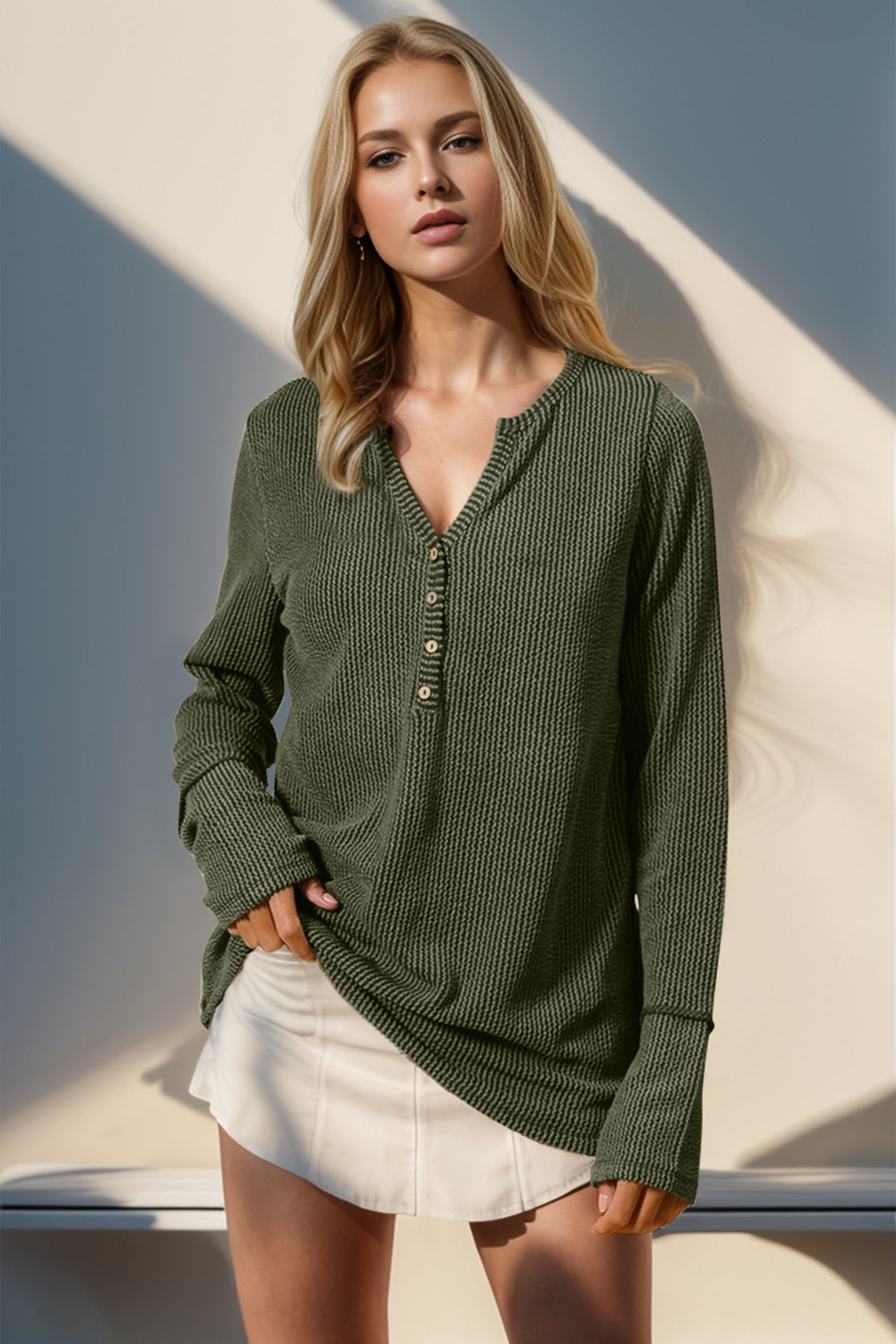 Moss green waffle knit henley shirt with button detail and thumbhole cuffs