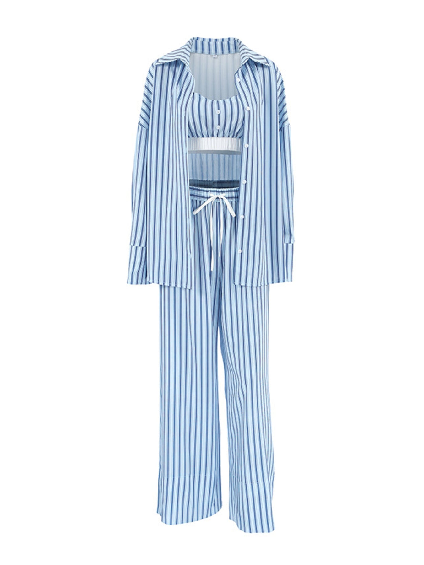 Blue striped three-piece lounge set with button-up shirt, cami, and wide-leg pants.