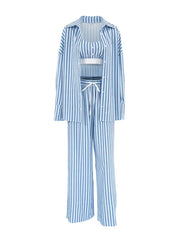 Blue striped three-piece lounge set with button-up shirt, cami, and wide-leg pants.