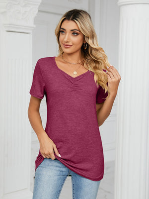 Ruched V-neck jersey t-shirt in deep purple with short sleeves.