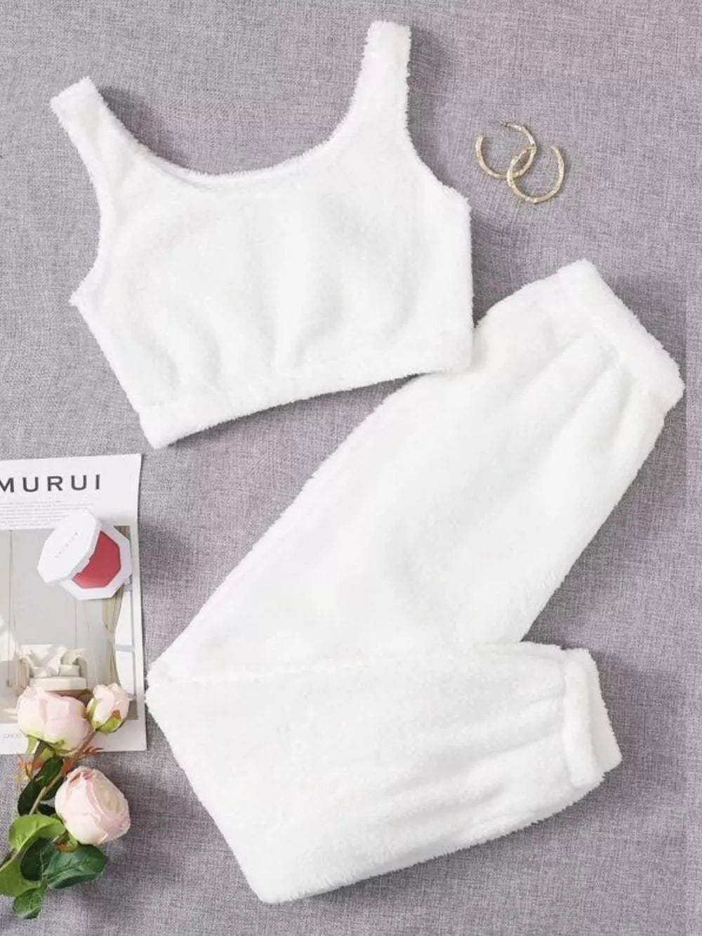 Cozy Plush Cropped Tank And Pants Lounge Set in Pink, side view