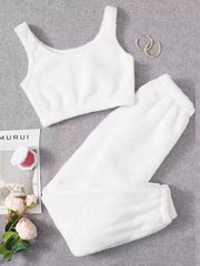 Cozy Plush Cropped Tank And Pants Lounge Set in Pink, side view