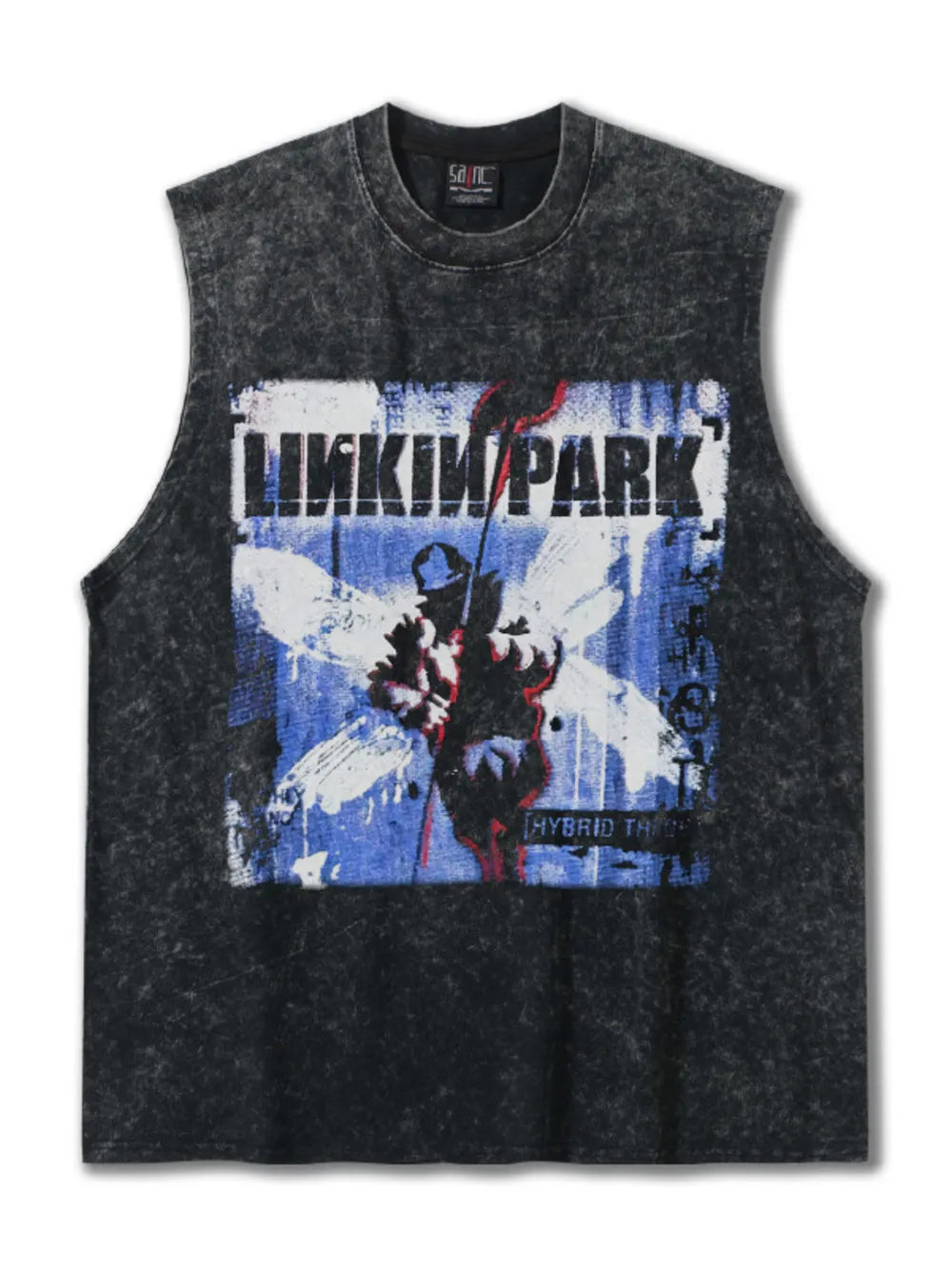 Distressed dark gray cotton crew neck tank top with Linkin Park graphic.