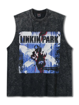 Distressed dark gray cotton crew neck tank top with Linkin Park graphic.