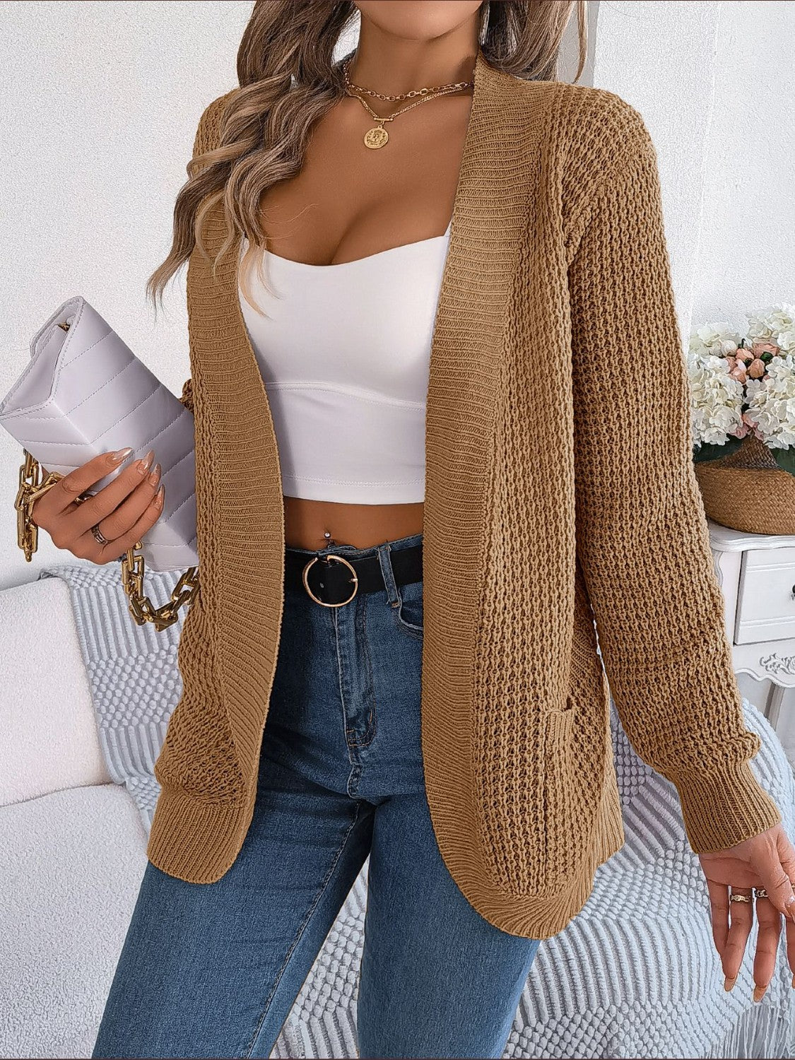 Caramel textured knit open-front cocoon cardigan with pockets.