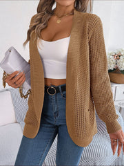 Caramel textured knit open-front cocoon cardigan with pockets.