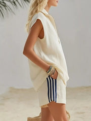 Chic Zip-front Sleeveless Top & Pleated Shorts Set