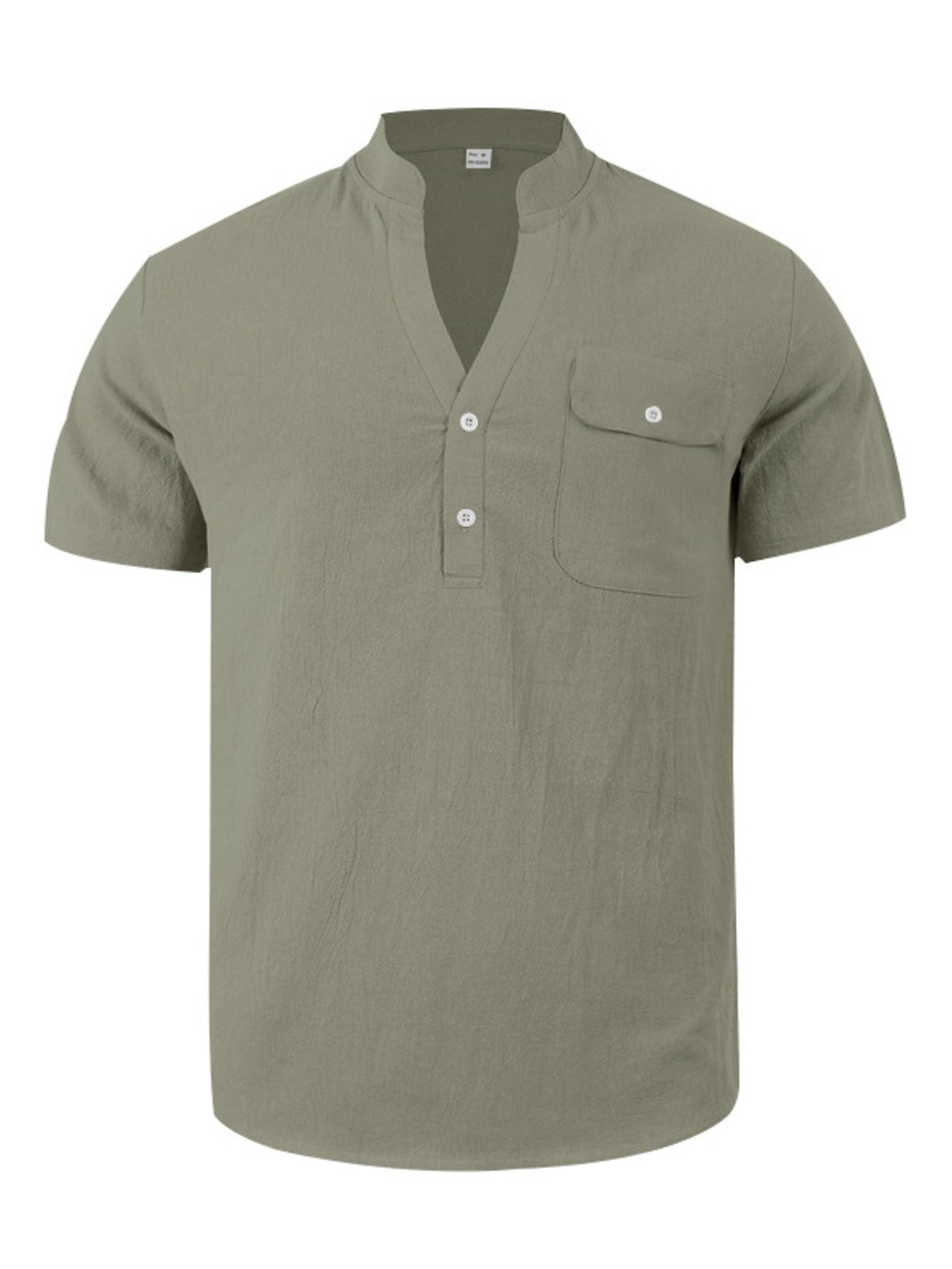 Men's short-sleeve band collar shirt in Military Green cotton with button-down placket and chest pocket.