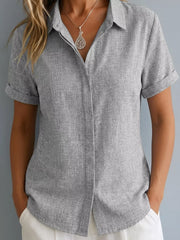 Full Size Collared Short Sleeve Shirt Plus Size in Lotus Color, close-up detail
