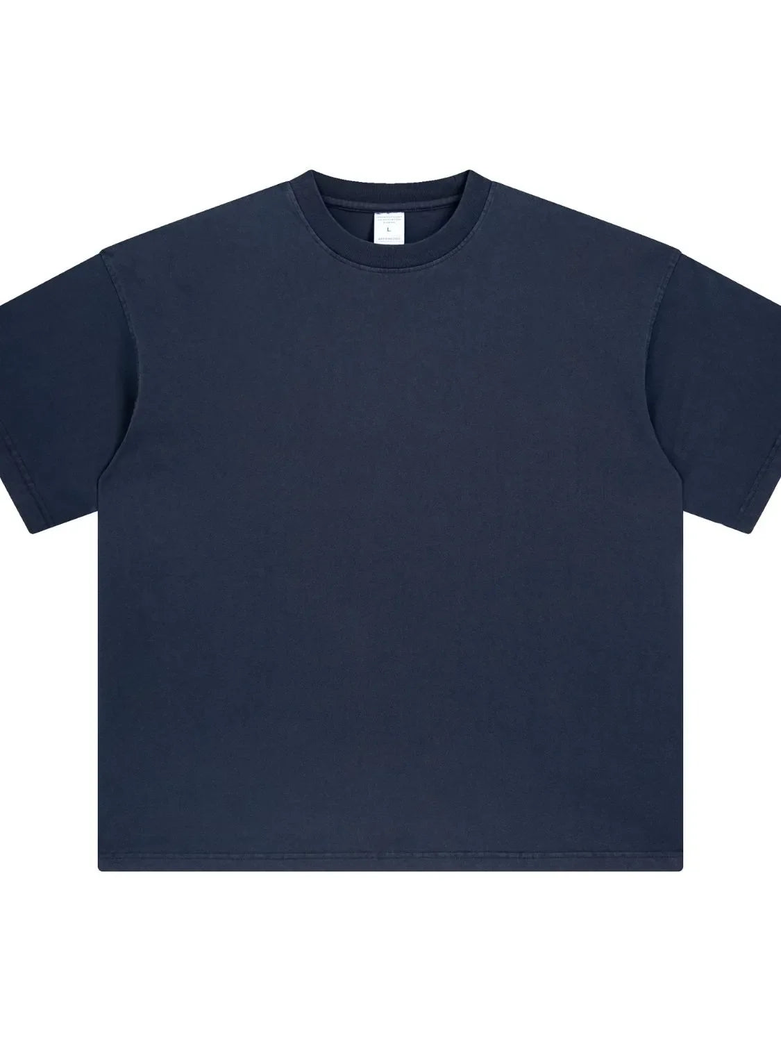 Oversized washed cotton crewneck t-shirt in navy blue with crew neckline and short sleeves.