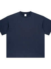 Oversized washed cotton crewneck t-shirt in navy blue with crew neckline and short sleeves.