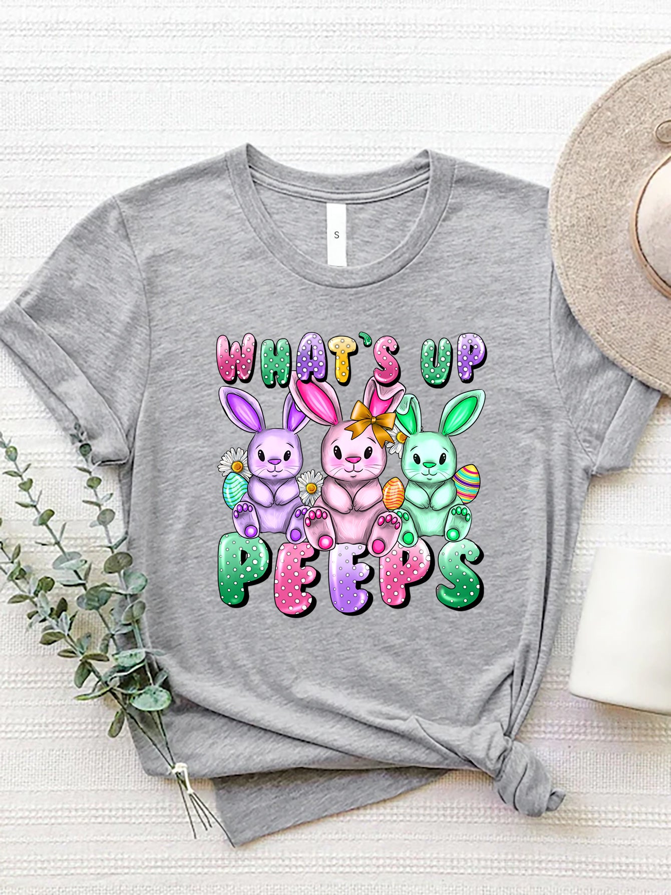 Gray t-shirt with Easter bunnies and "What's Up Peeps" graphic