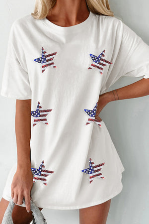 White t-shirt dress with American flag sequin stars, short sleeves, crew neck